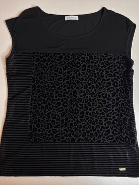 Calvin Klein Black Leopard Textured Blouse Cap Sleeve Top Medium